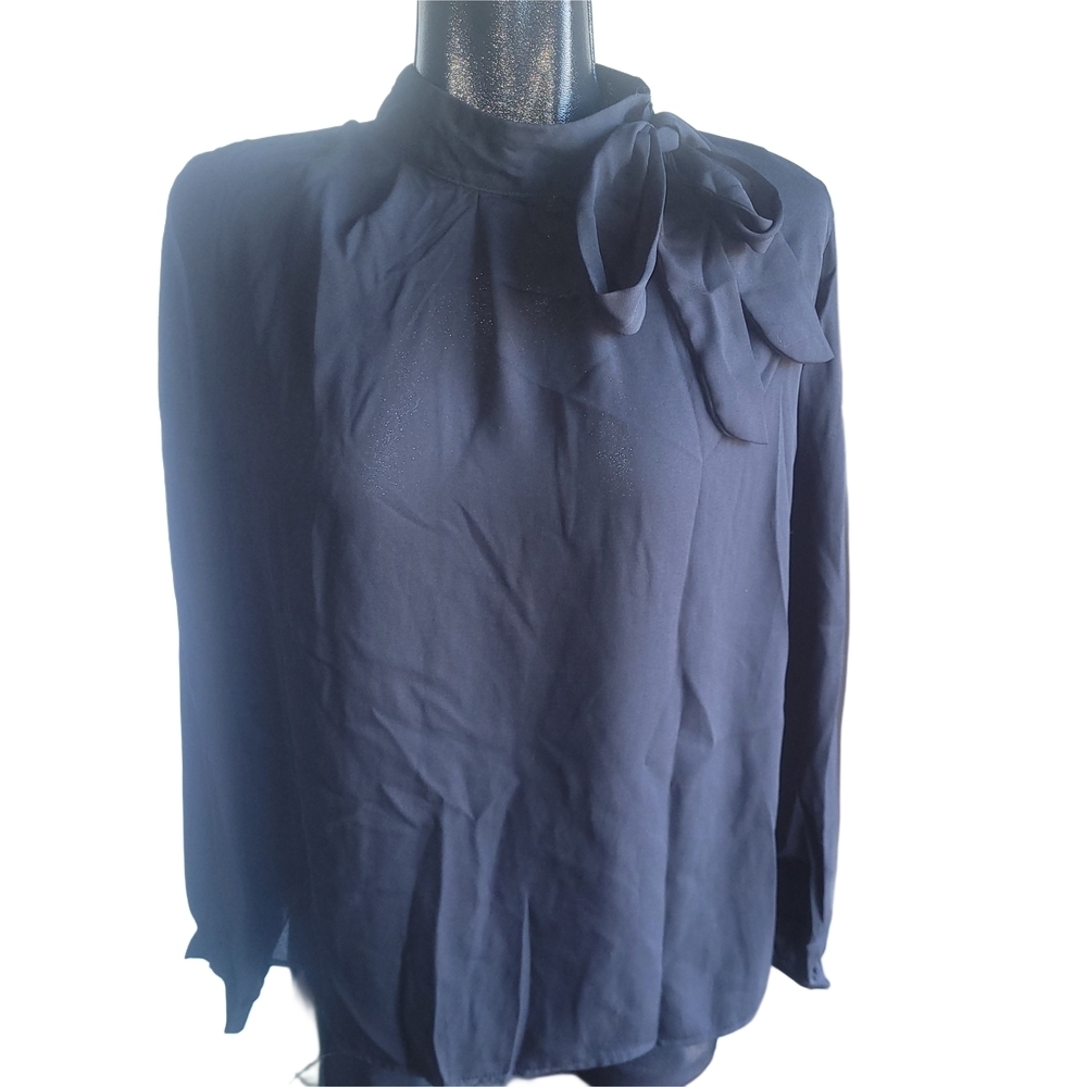 Celmia Black Long Sleeve Fabric Tie Neckline Blouse Size XL